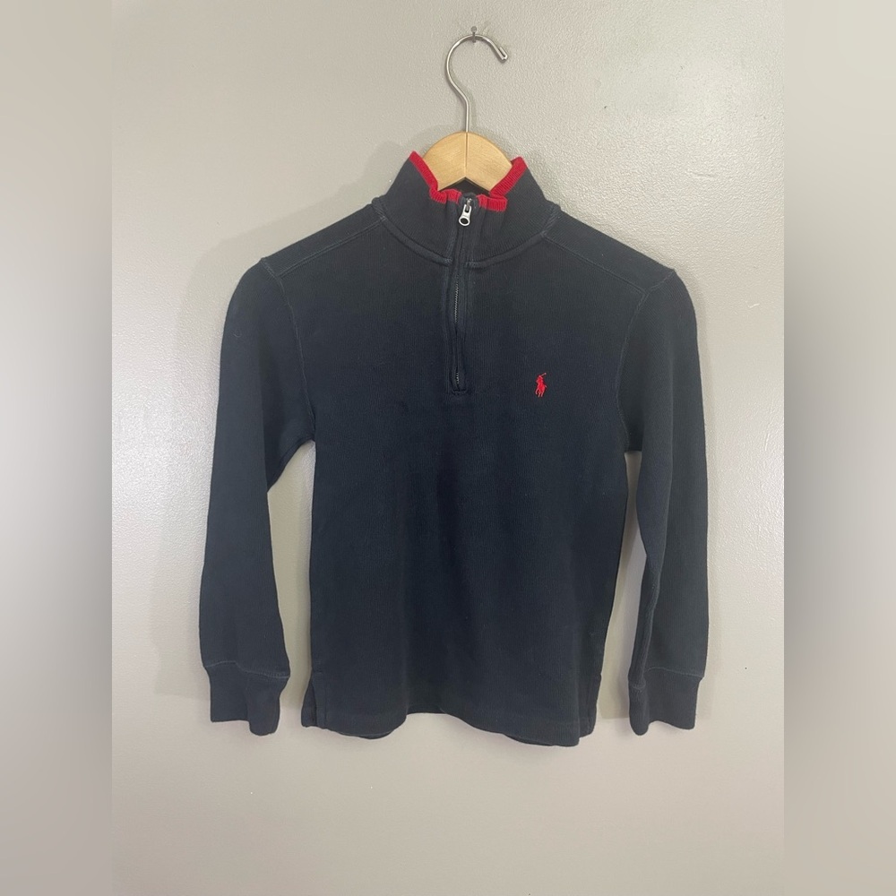 Ralph Lauren boys size 8 1/4 zip sweater black red pony
